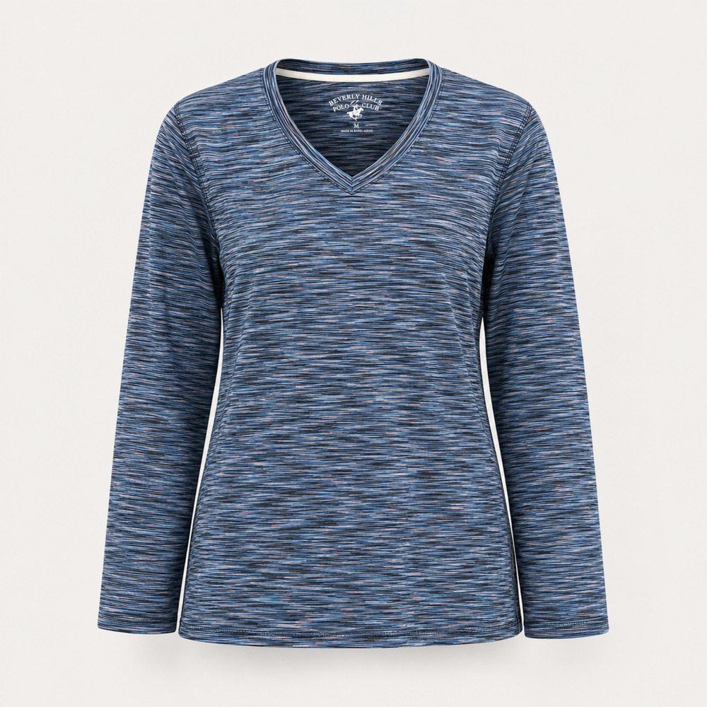 Beverly Hills Polo Club Womens XL Blue Space Dye V-Neck Long Sleeve Top Shirt